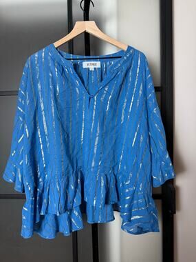 Vetiver Collection Cotton Blue Metallic Striped Blouse Size 10
